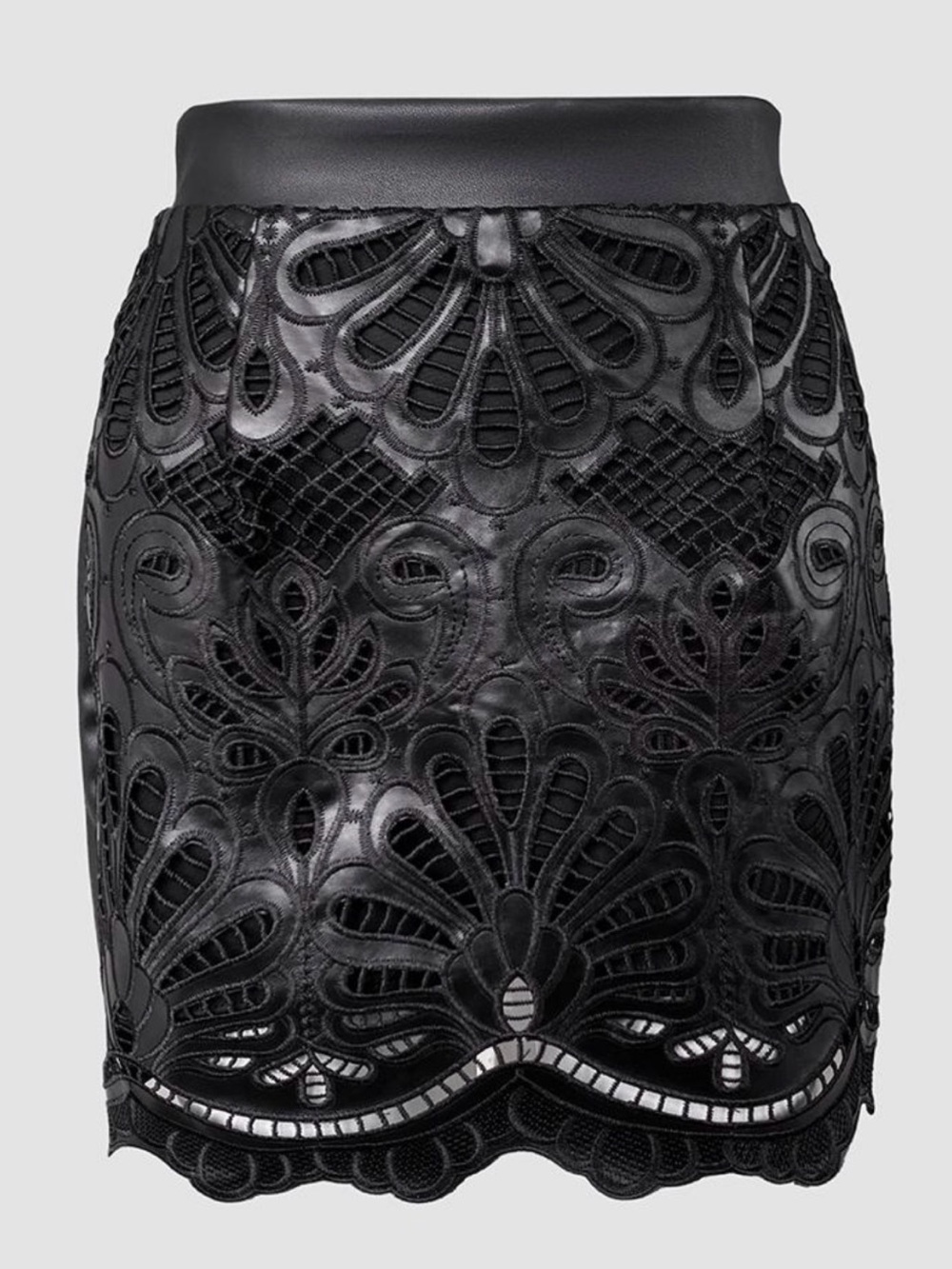 Black Lace-Overlay Faux Leather Mini Skirt - Women's